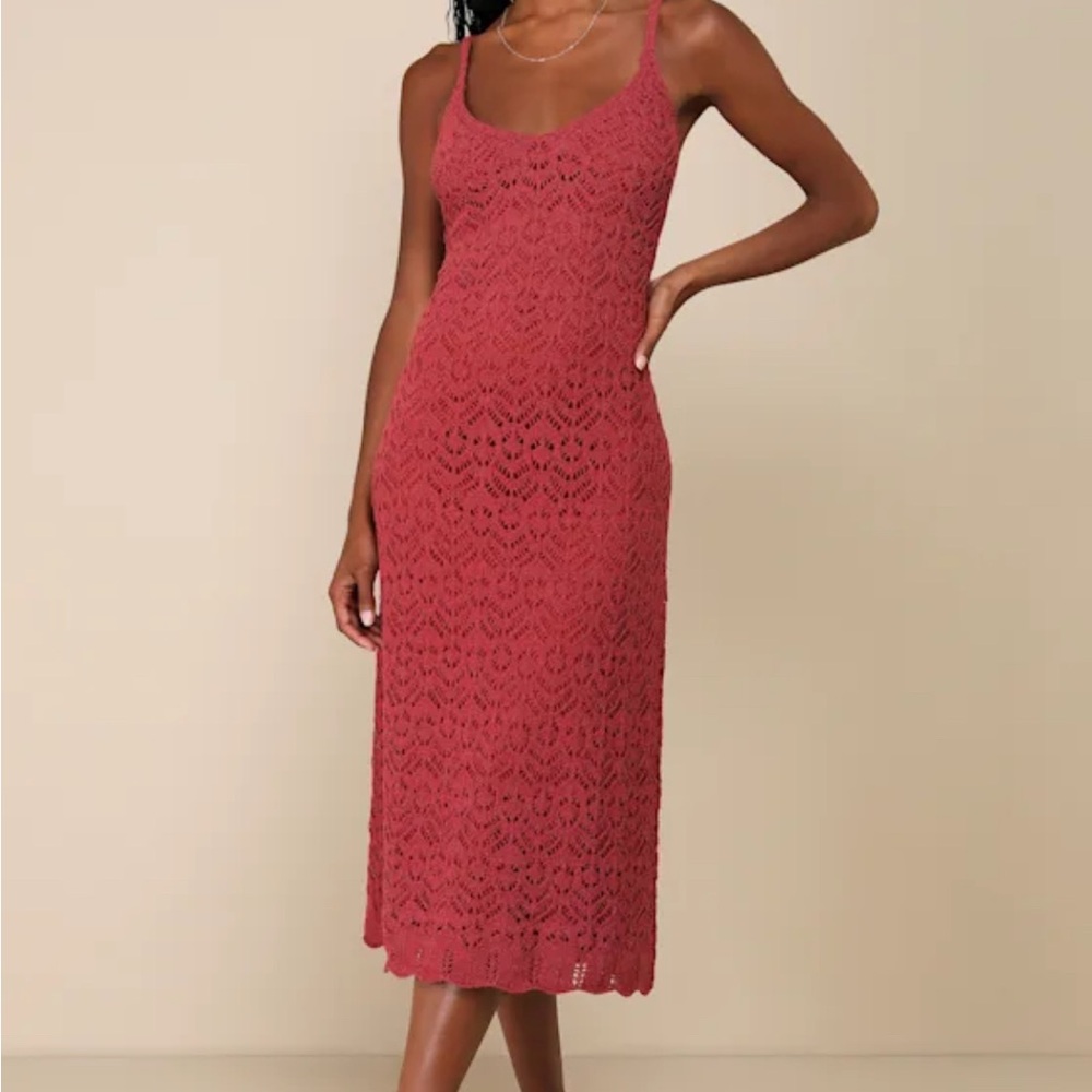 Lulus Sunset Vibes Rust Red Crochet Sleeveless Midi Dress